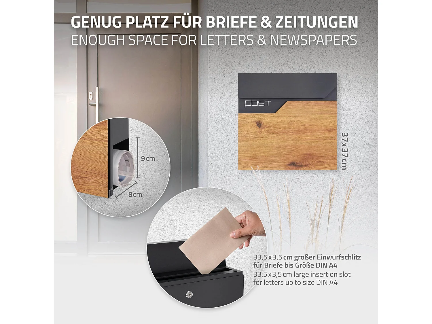 Boîte aux lettres murale anthracite aspect bois avec rouleau à journaux  ML-Design