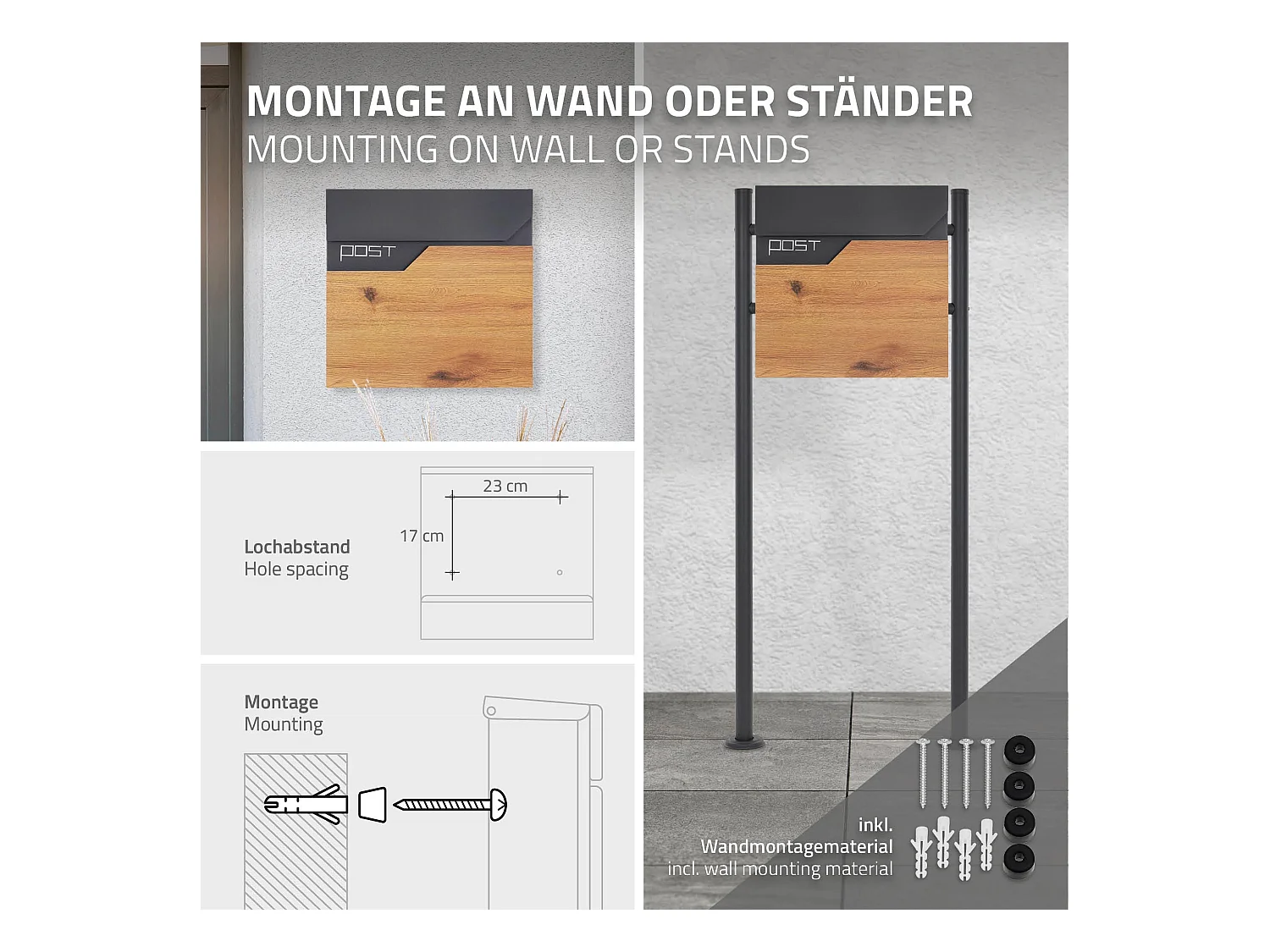 Boîte aux lettres murale anthracite aspect bois avec rouleau à journaux  ML-Design