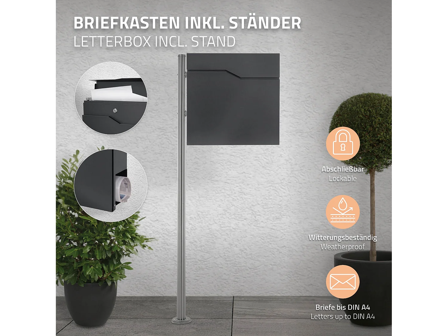 Buzón para cartas 37x37cm con compartimento periódico de acero + soporte lateral