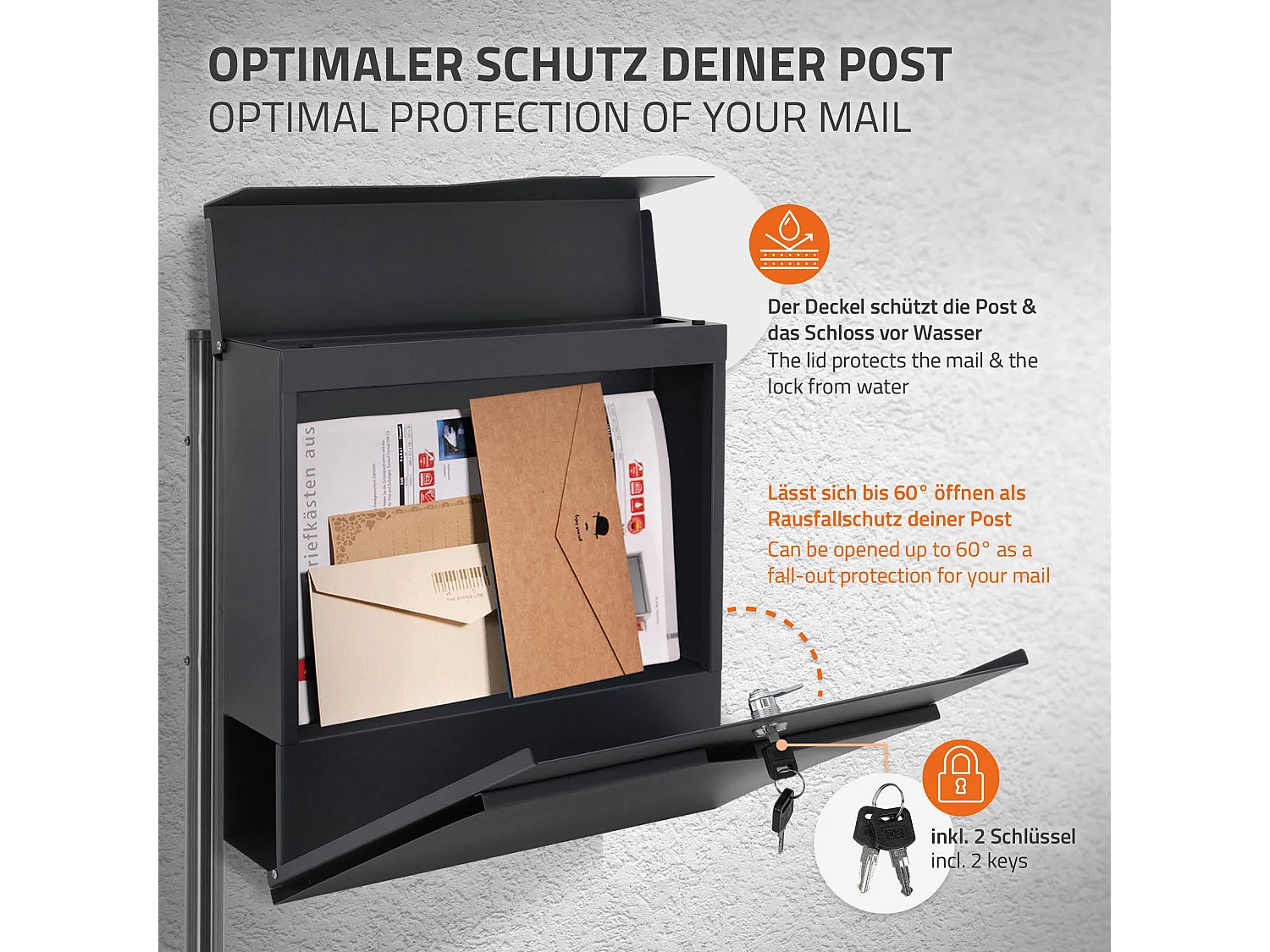 Buzón para cartas 37x37cm con compartimento periódico de acero + soporte lateral