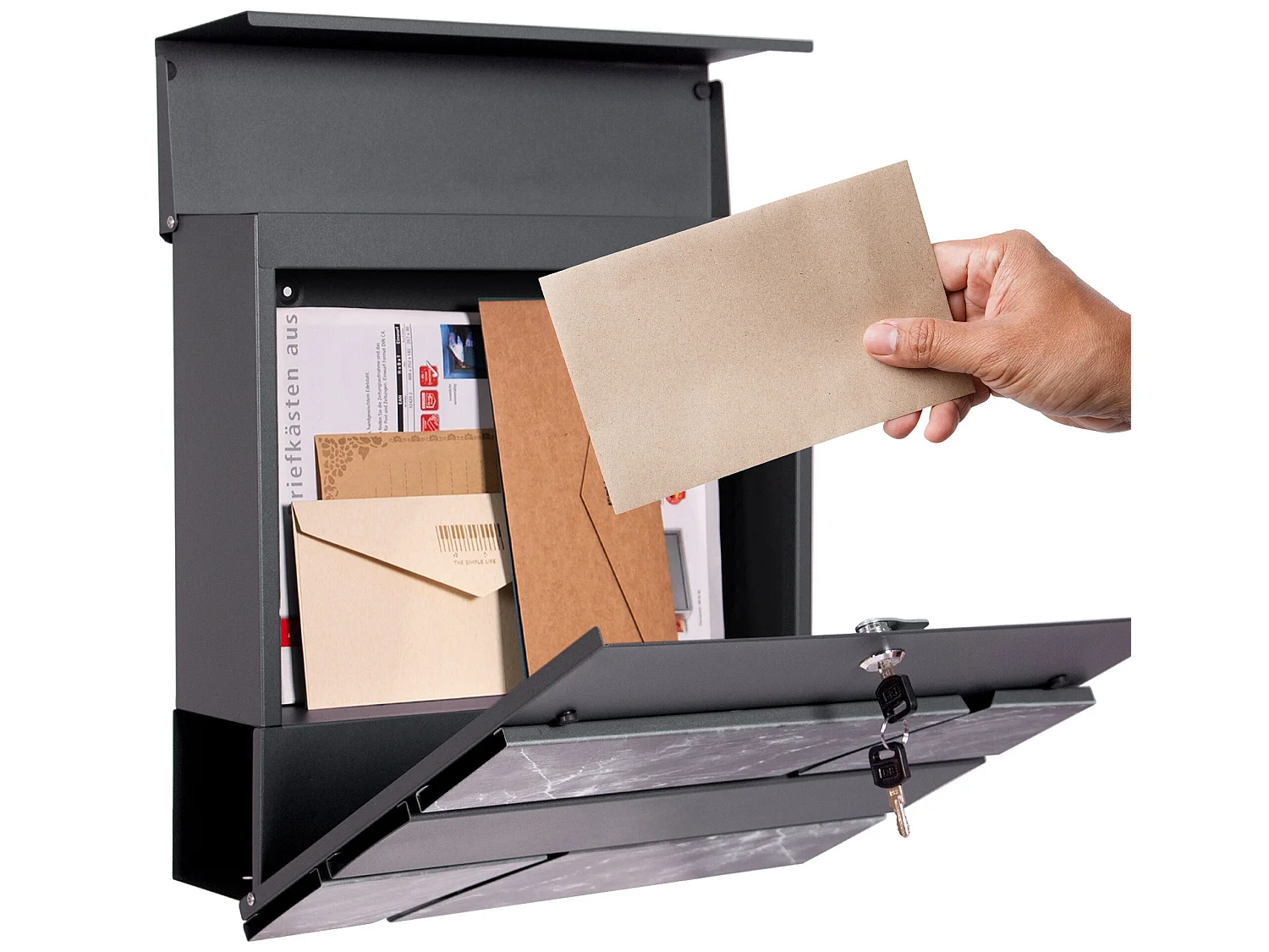 Buzón cartas periódico moderno acero antracita aspecto de mármol con pedestal