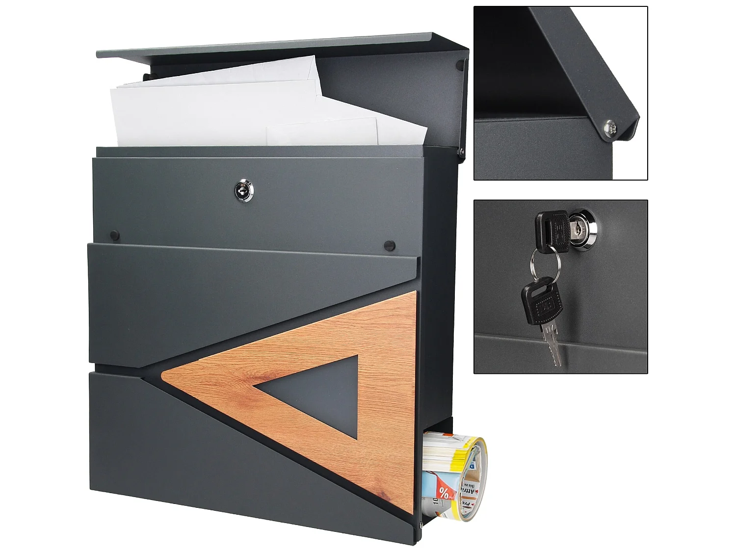 Cassetta postale antracite triangolo effetto legno supporto piedistallo acciaio