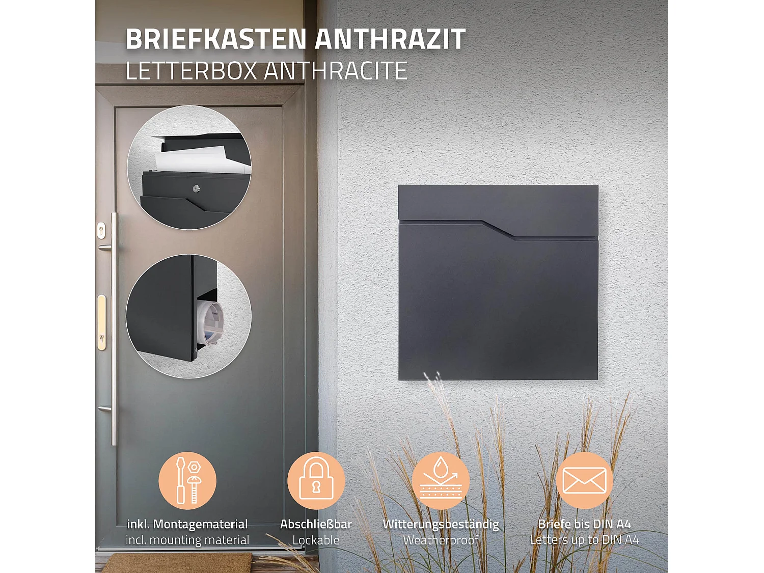 Cassetta postale moderna acciaio inox antracite posto per giornali 37x37x11 cm