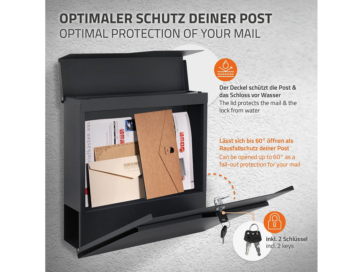 Cassetta postale moderna acciaio inox antracite posto per giornali 37x37x11 cm