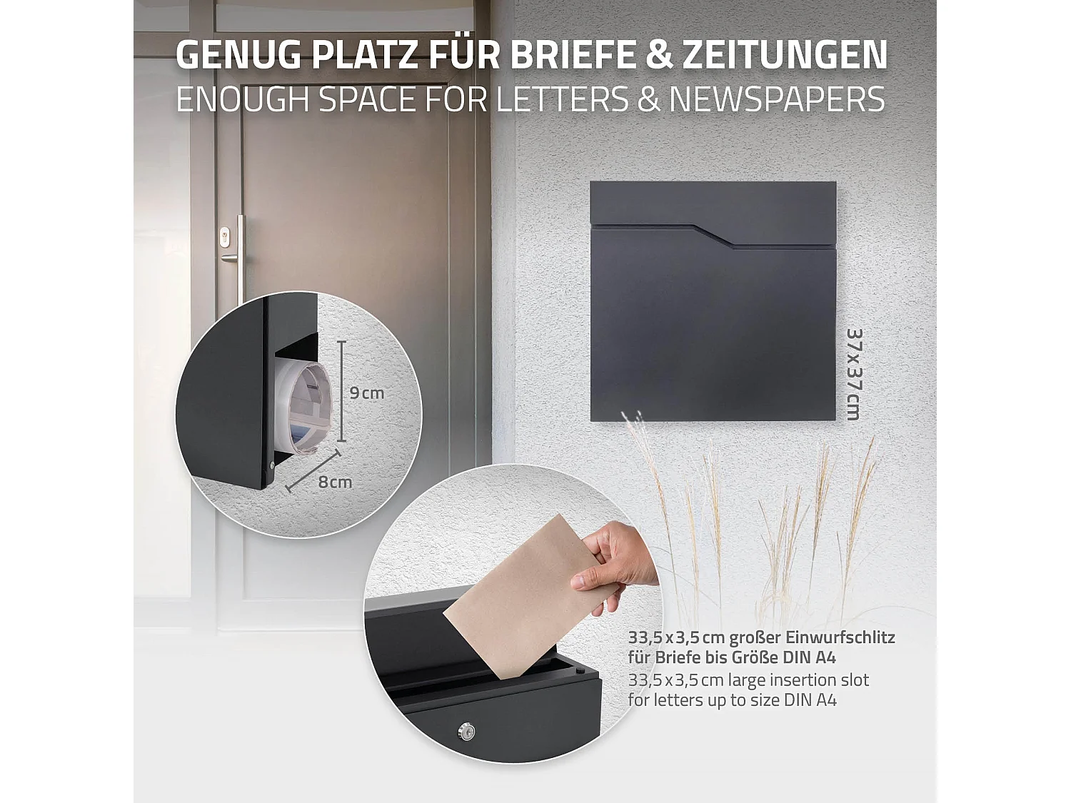 Cassetta postale moderna acciaio inox antracite posto per giornali 37x37x11 cm