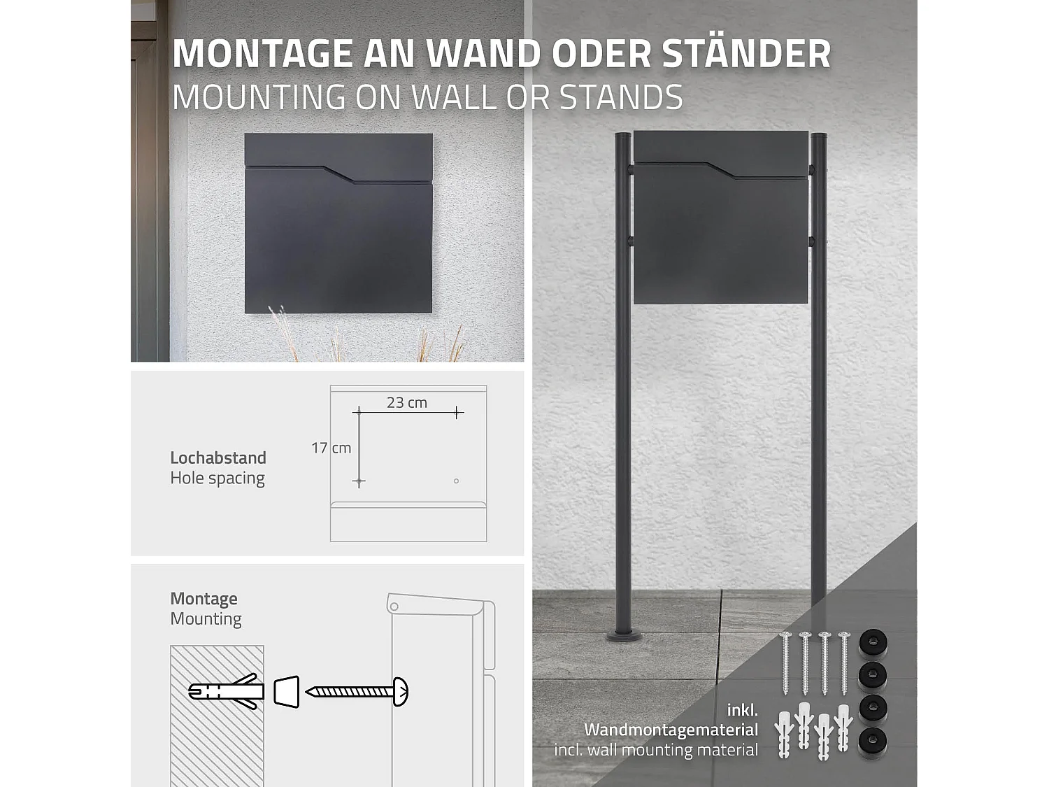 Cassetta postale moderna acciaio inox antracite posto per giornali 37x37x11 cm