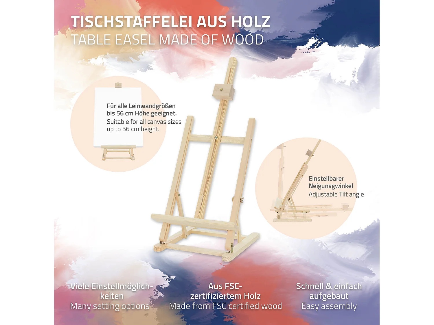 Caballete de estudio para pintura de madera para lienzos de hasta 56cm regulable