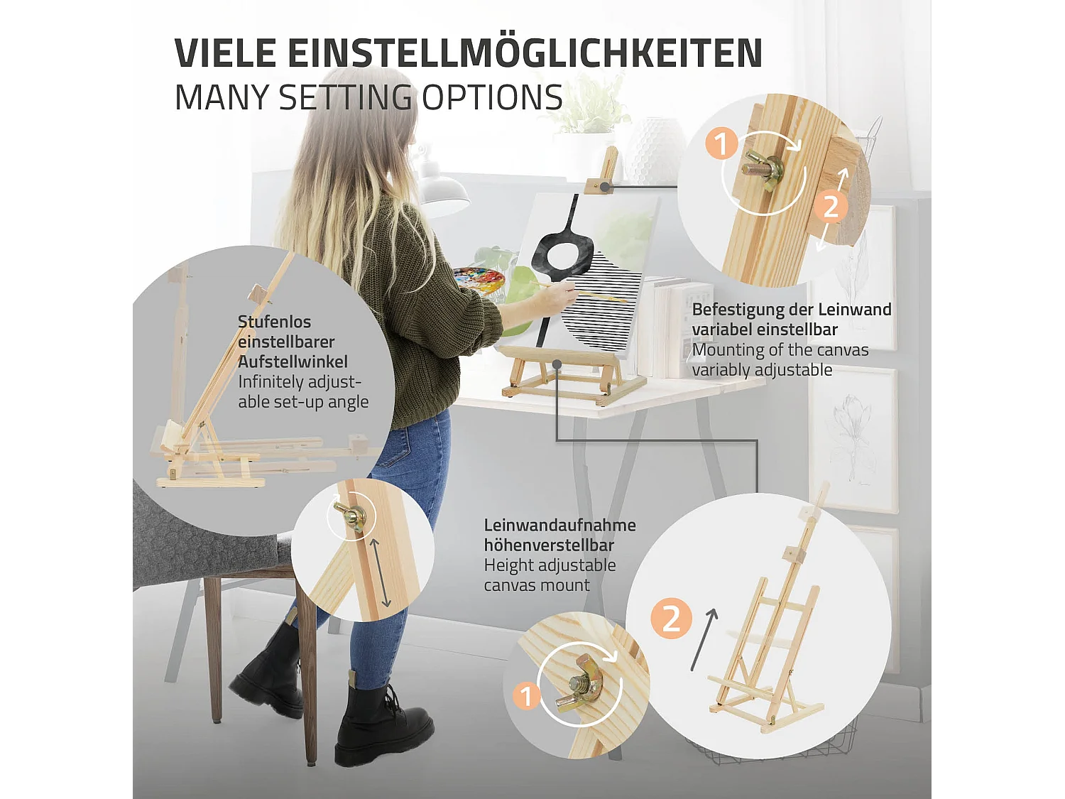 Caballete de estudio para pintura de madera para lienzos de hasta 56cm regulable