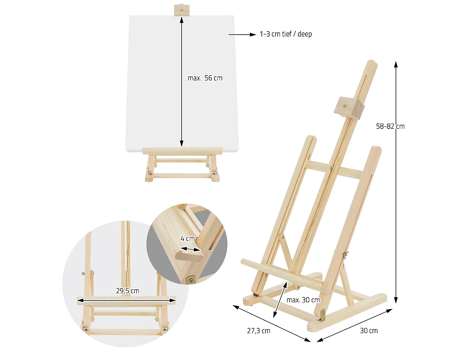 Caballete de estudio para pintura de madera para lienzos de hasta 56cm regulable