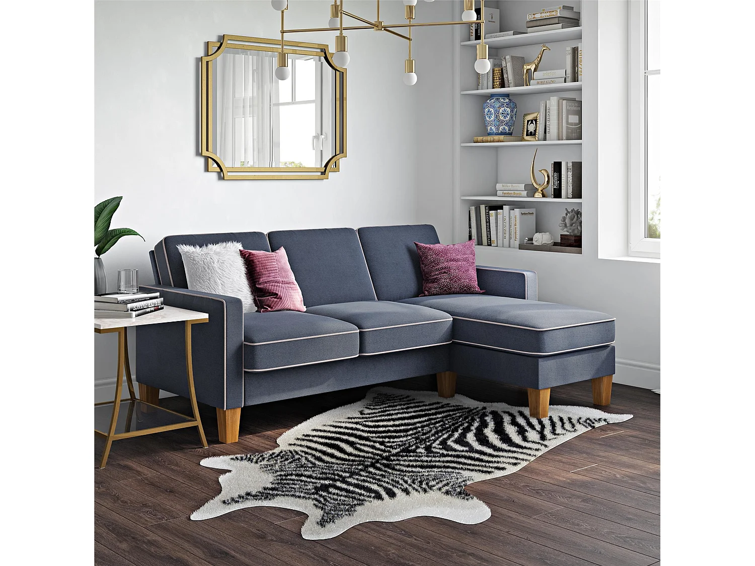 Sofá 3 plazas con chaise longue en chenilla azul