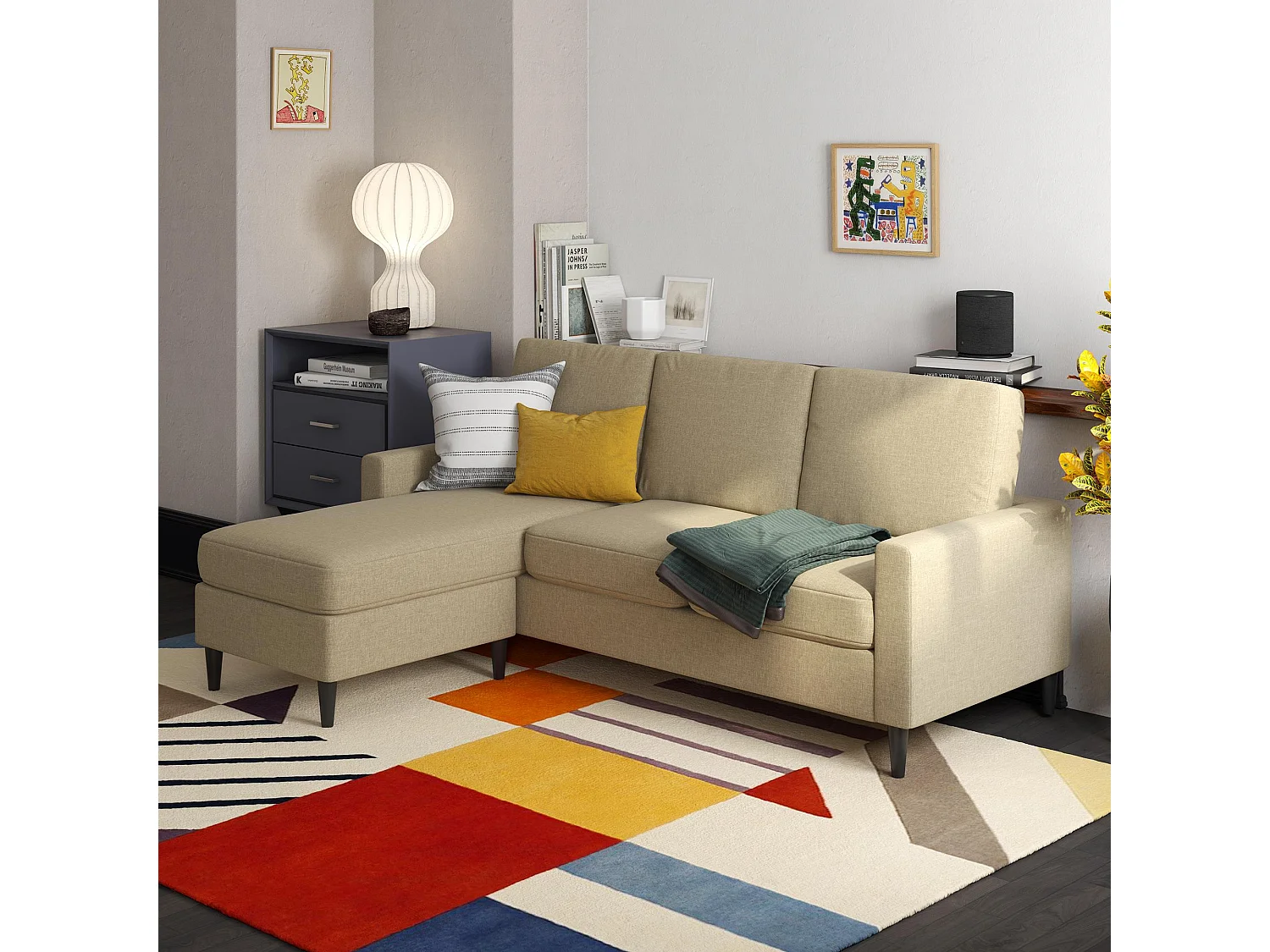 Sofa 3 Sitze mit Chaise Lounge in Leinen Beige