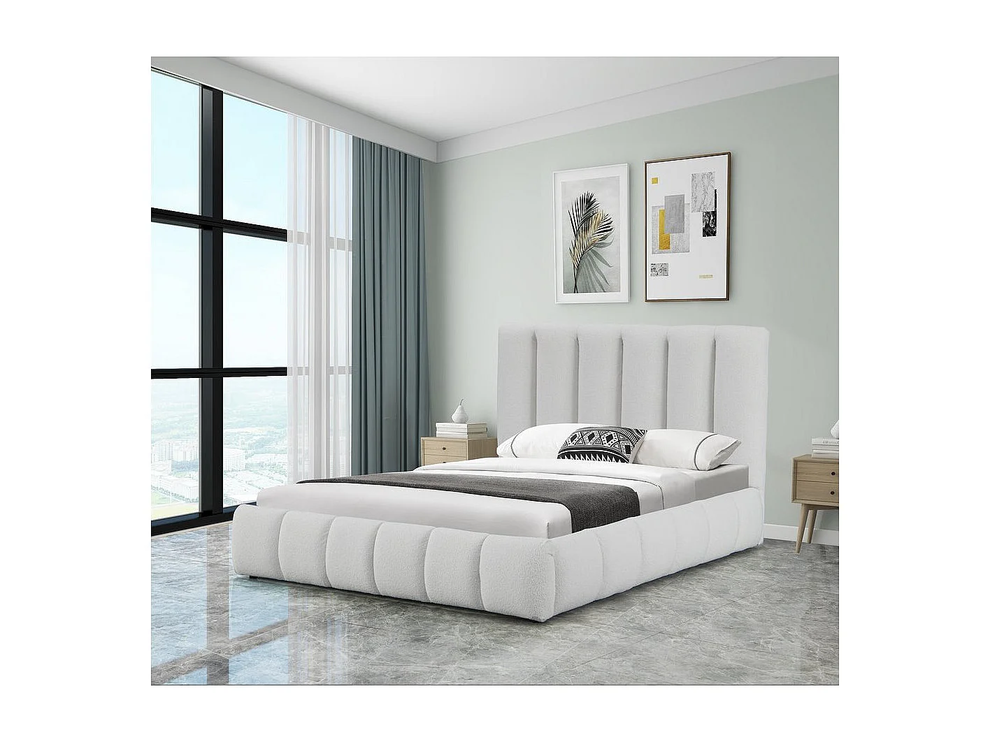 Lit bouclette avec coffre "Annie" - 160 x 200 cm - Blanc