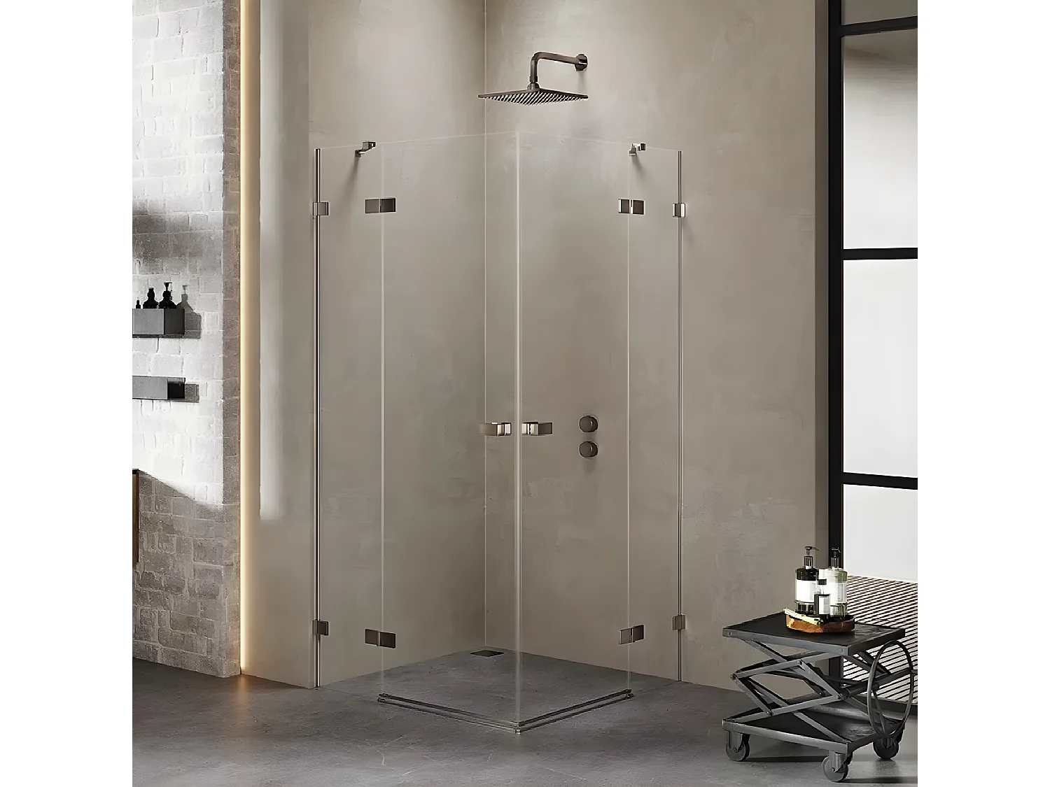Cabine de douche 90x110cm 2 portes pivotantes,CARAIBES GUNMETAL BRUSHED, inox brossé,acces d'angle