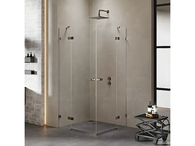 Cabine de douche 100x80cm 2 portes pivotantes,CARAIBES GUNMETAL BRUSHED, inox brossé,acces d'angle