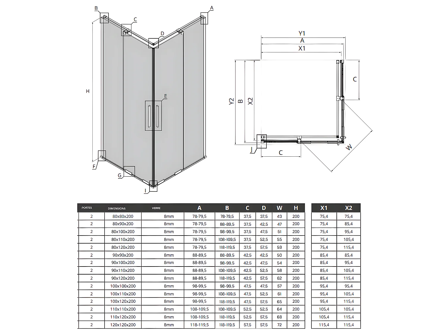 Cabine de douche 90x100 cm,coulissante CANARIES NOIR, noir, acces d'angle