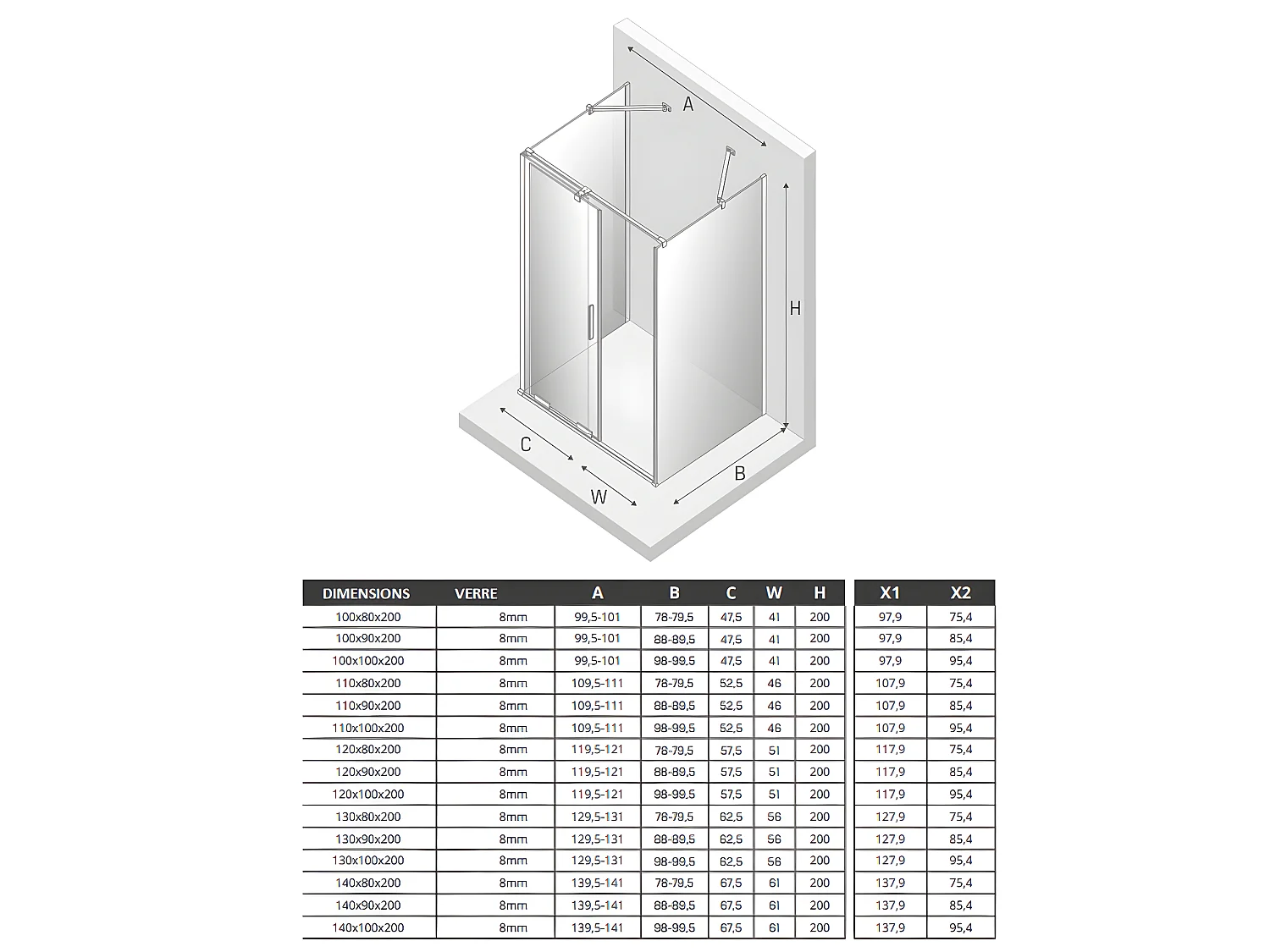 Cabine de douche  120x80 coulissante chrome MALDIVES CHROME, accès de face