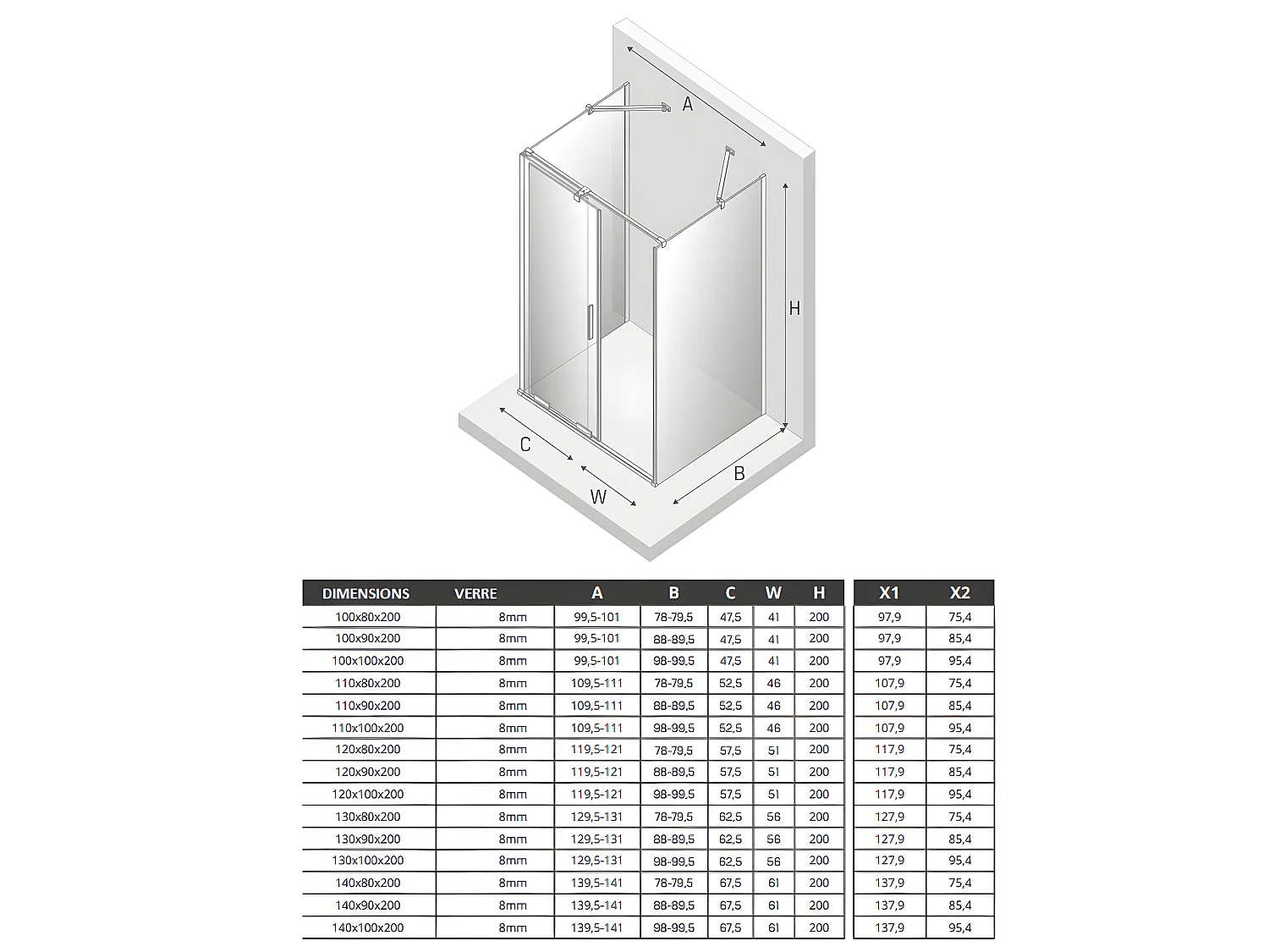 Cabine de douche  140x90 coulissante dorée HAWAII GOLD, accès de face