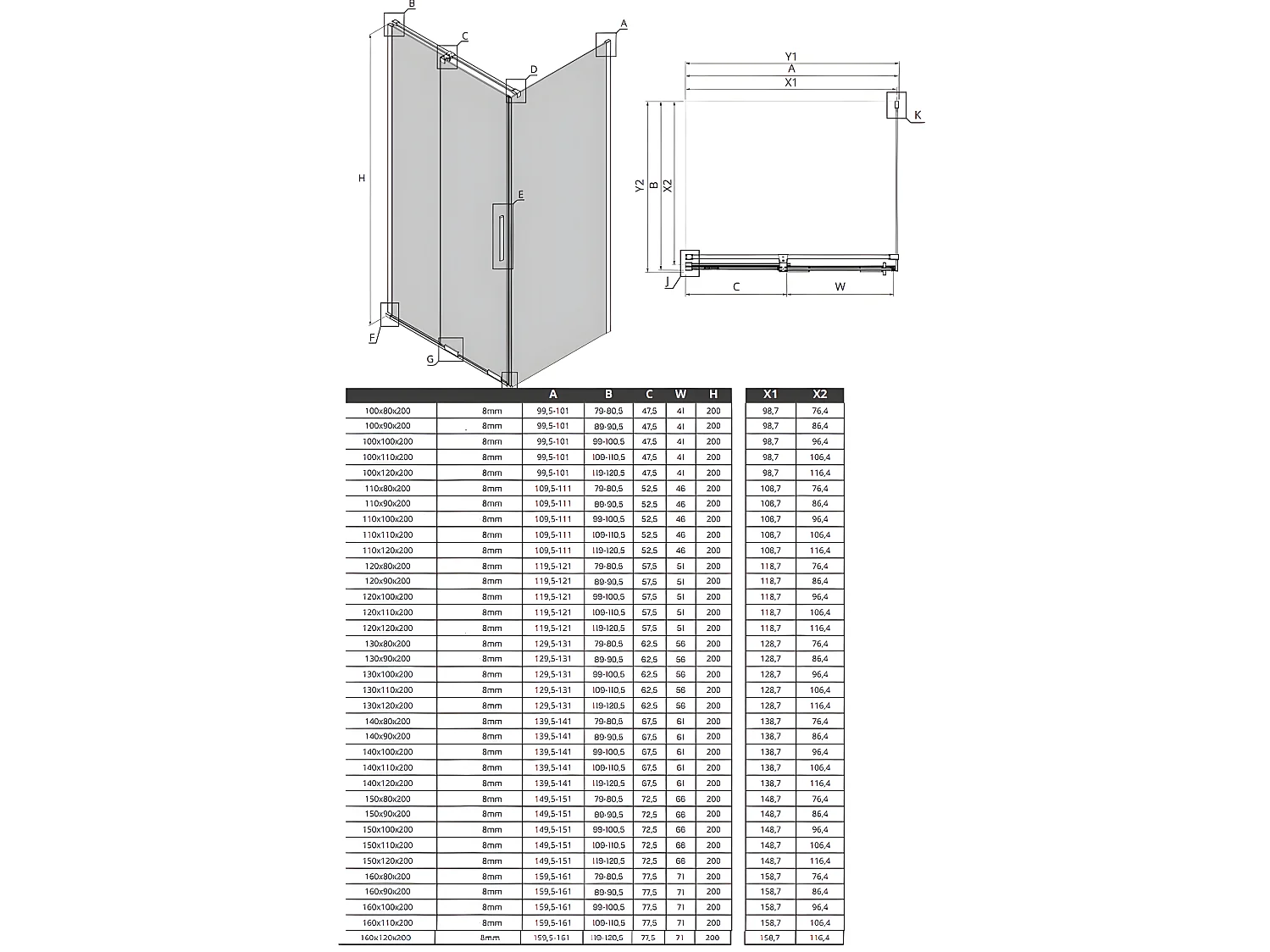 Cabine de douche 150x110cm coulissante CANARIES NOIR, noir, acces de face