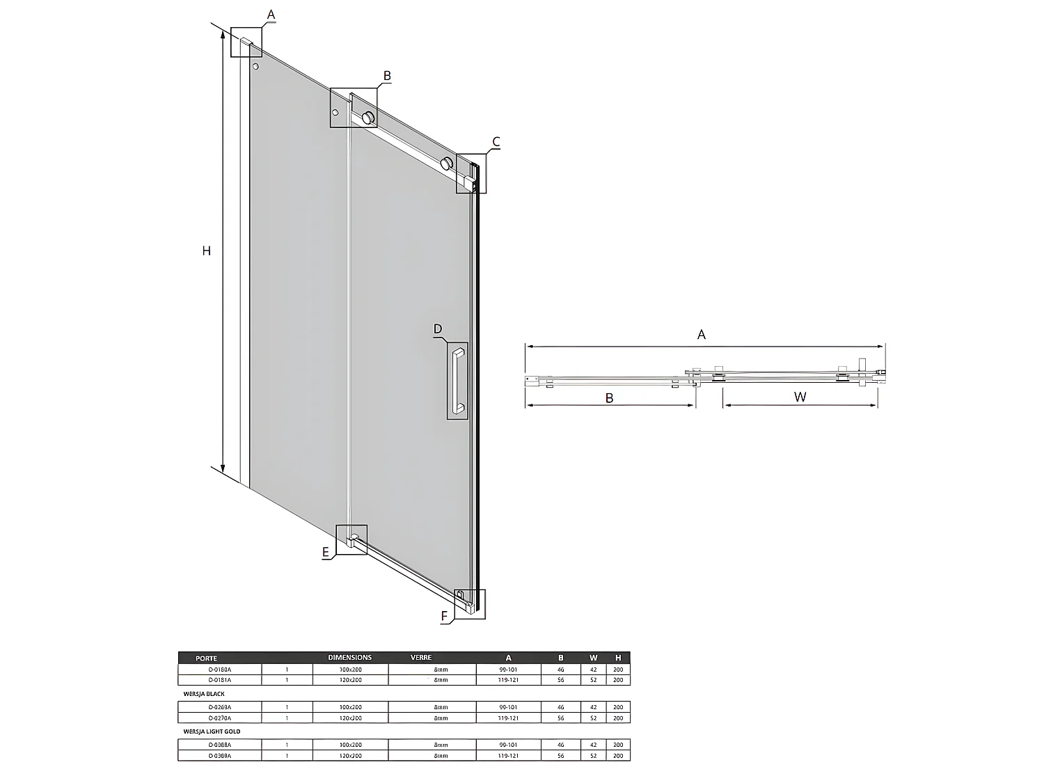 Porte de douche coulissante 120 cm doré brossé FIDJI GOLD BRUSHED