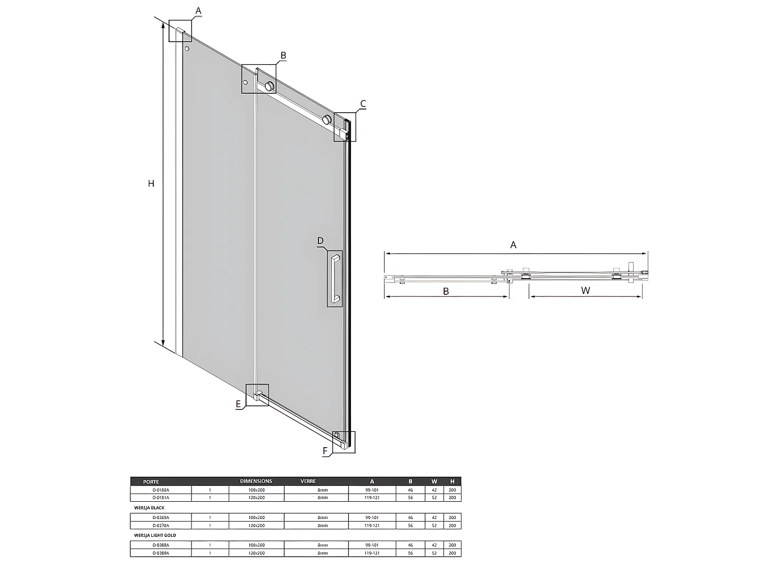 Porte de douche coulissante 120 cm doré brossé FIDJI GOLD BRUSHED