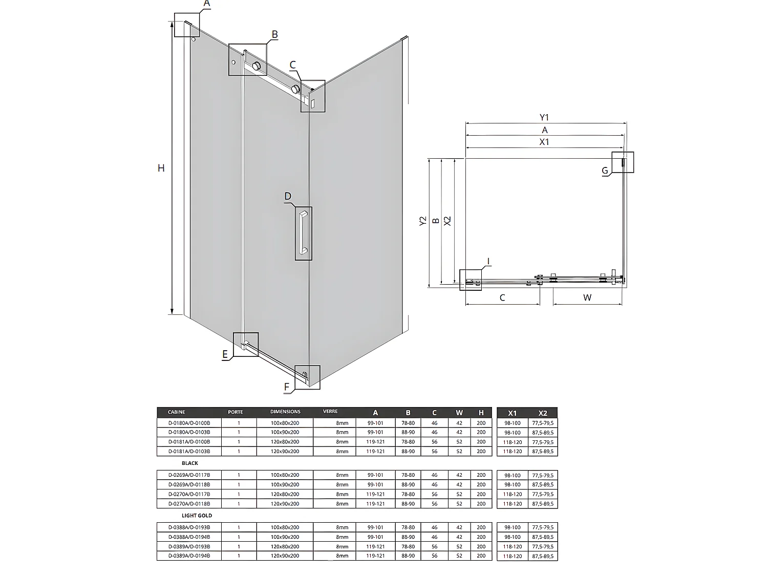 Cabine de douche coulissante 120x80 cm doré brossé FIDJI GOLD BRUSHED