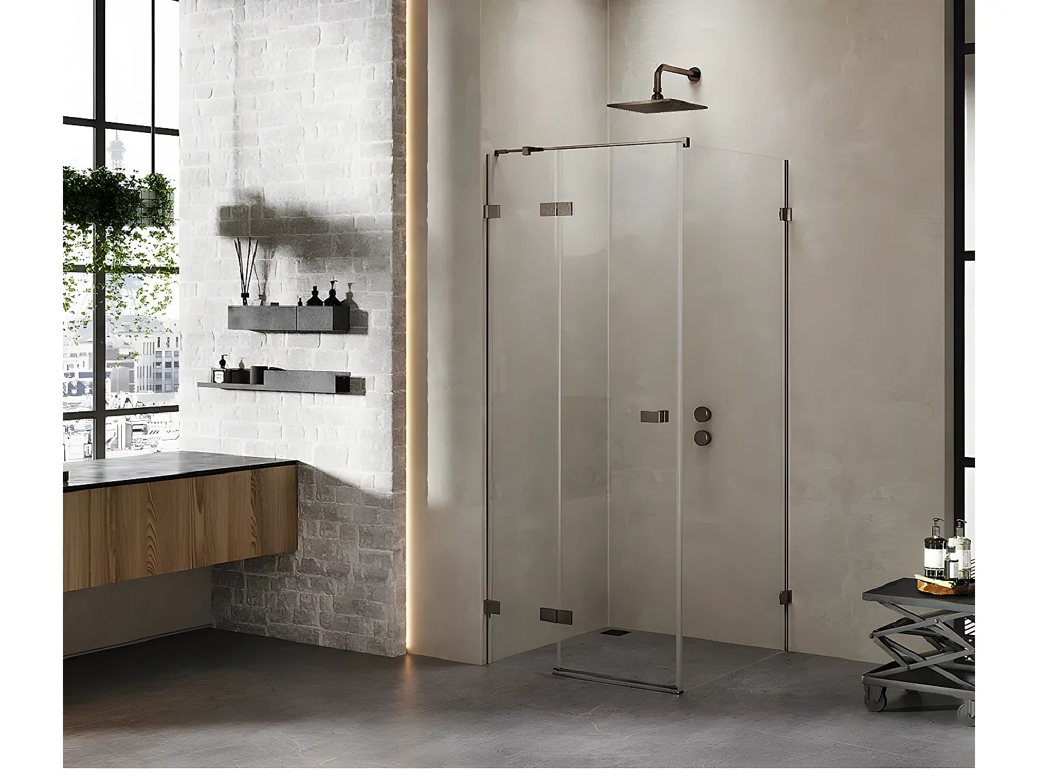 Cabine de douche inox brossé 100x120cm,pivotante gauche  CARAIBES GUNMETAL BRUSHED, acces de face