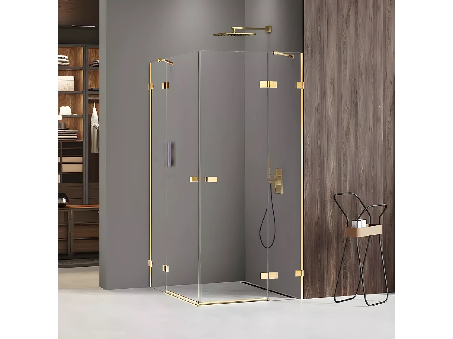 Cabine de douche 80x80cm 2 portes pivotantes,MIAMI GOLD, doré,acces d'angle