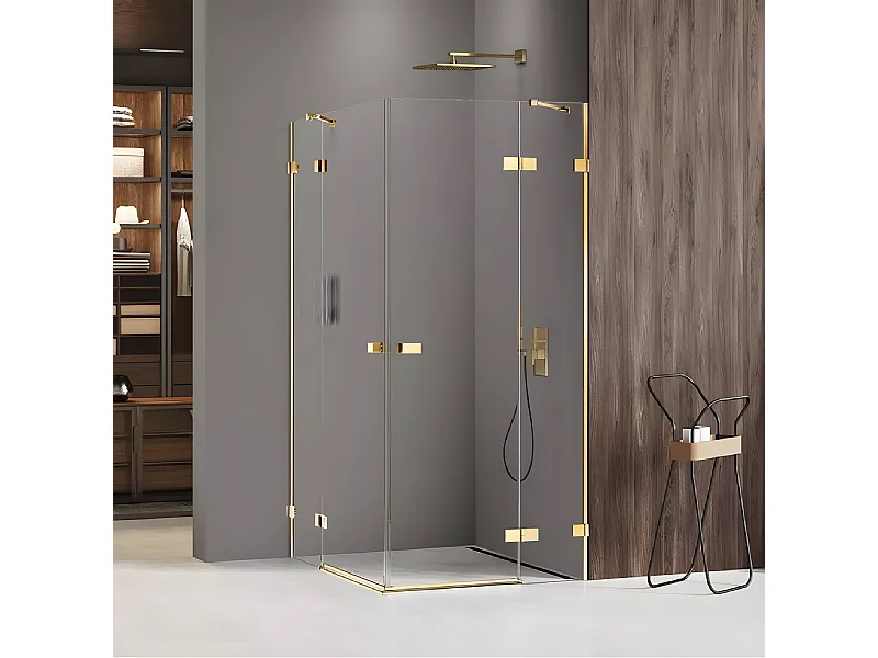 Cabine de douche 80x80cm 2 portes pivotantes,MIAMI GOLD, doré,acces d'angle