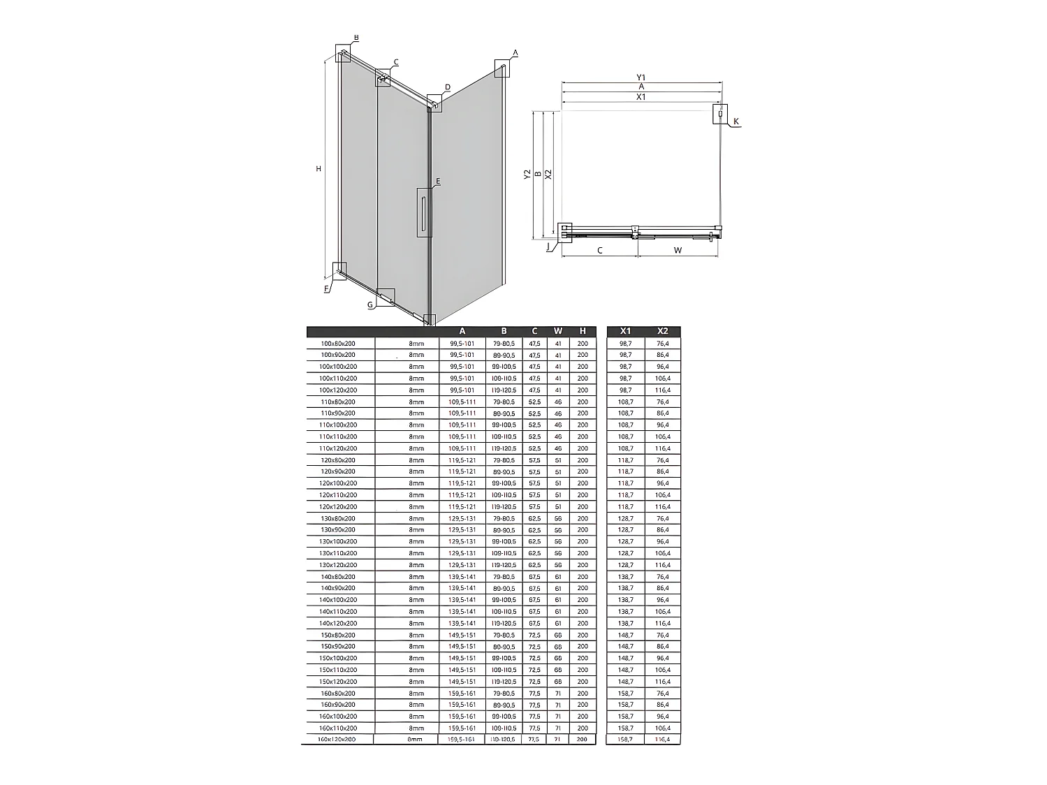 Cabine de douche 160x100cm coulissante CANARIES NOIR, noir, acces de face