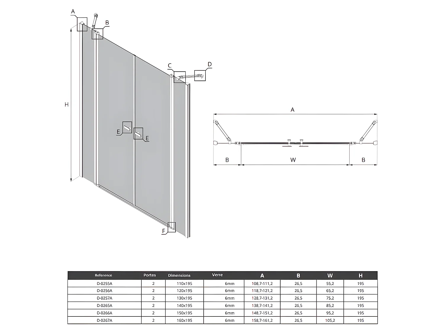 Porte de douche battante 2 parties fixes 130 cm chrome CORFOU CHROME