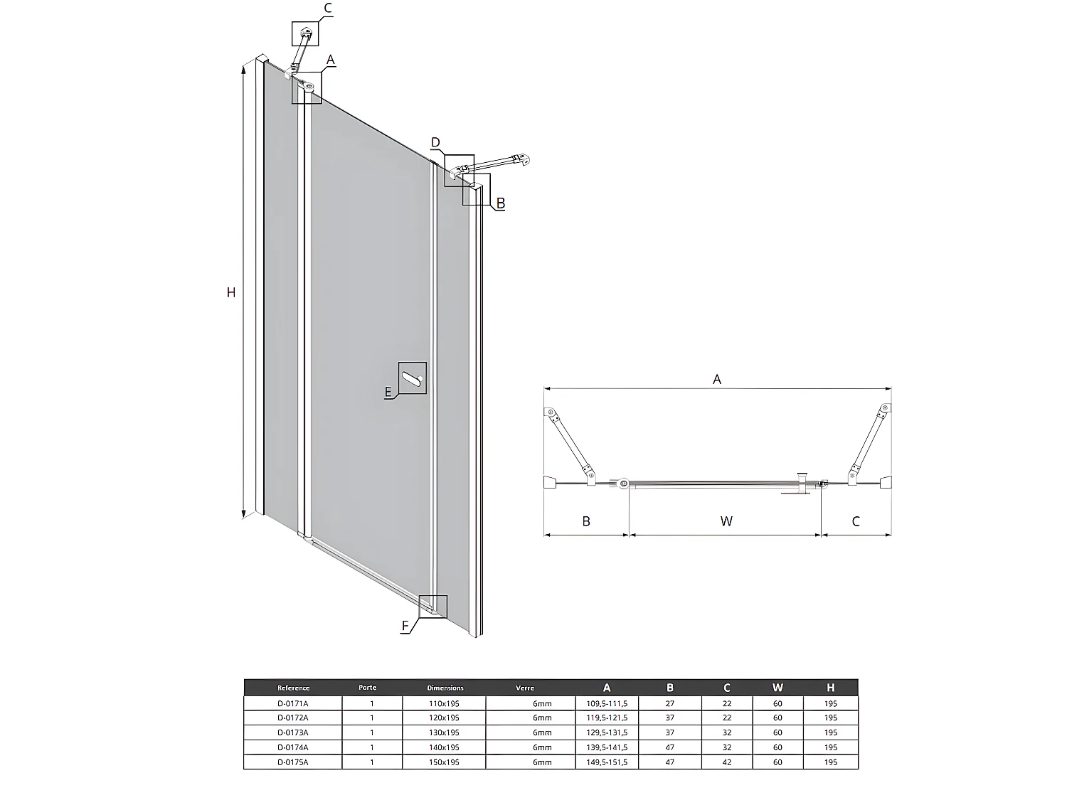 Porte de douche pivotante 2 parties fixe 130 cm chrome CORFOU CHROME
