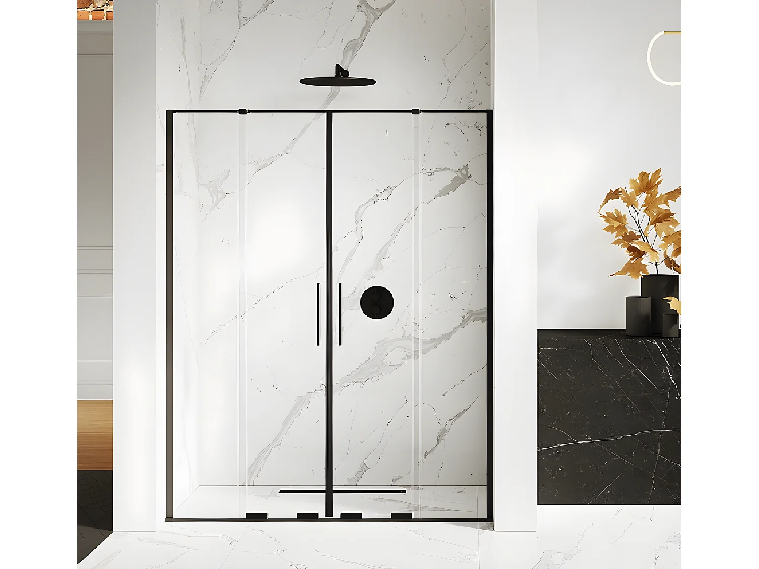 Porte de douche coulissante noire 4 volets  CANARIES BLACK,Largeur: 150 cm, verre 8 mm