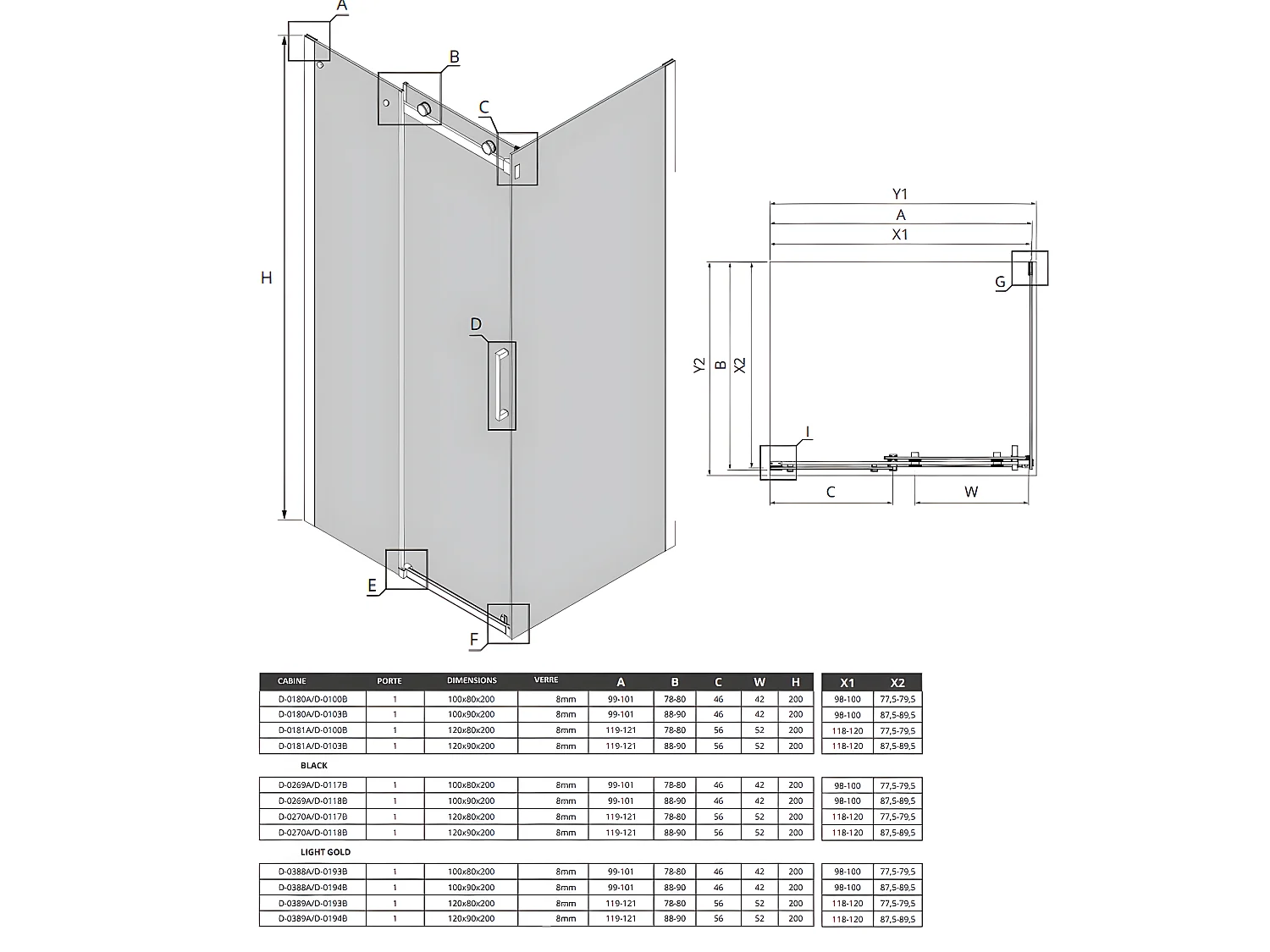 Cabine de douche coulissante 100x90 cm doré brossé FIDJI GOLD BRUSHED
