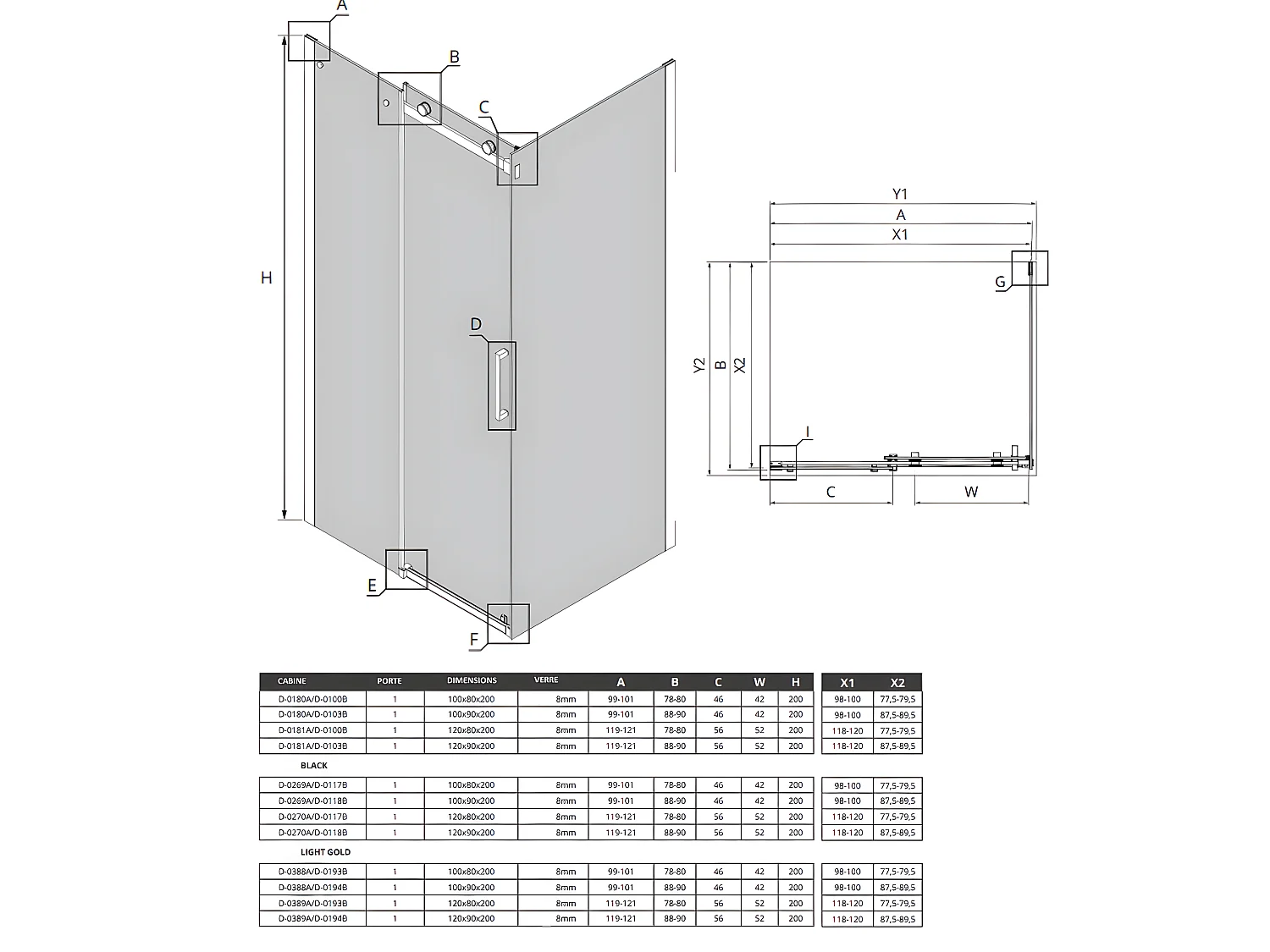 Cabine de douche coulissante 100x90 cm doré brossé FIDJI GOLD BRUSHED