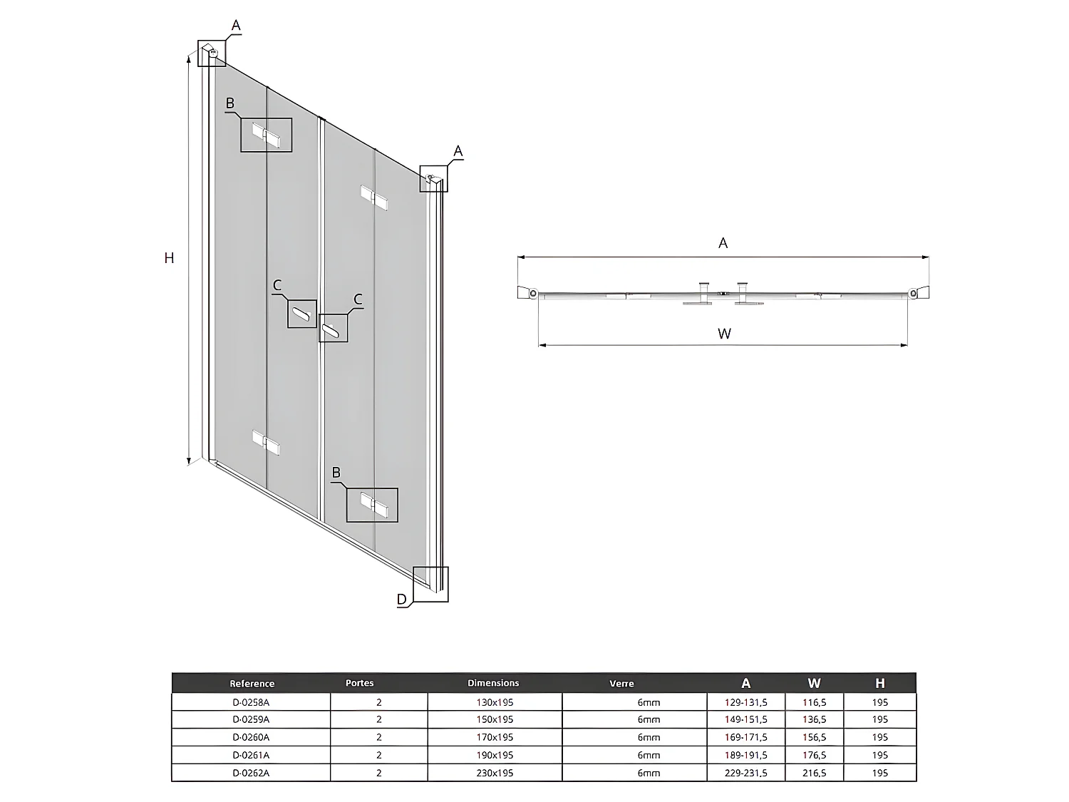 Porte de douche 2 portes pliantes 130 cm chrome CORFOU CHROME