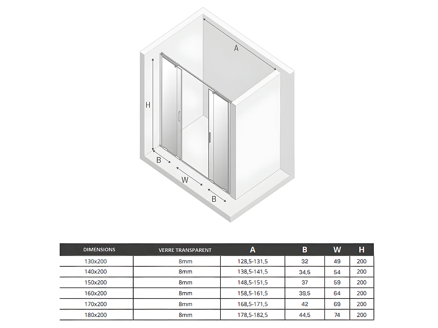 Porte de douche dorée 170 cm 4 volets coulissante gauche HAWAII GOLD