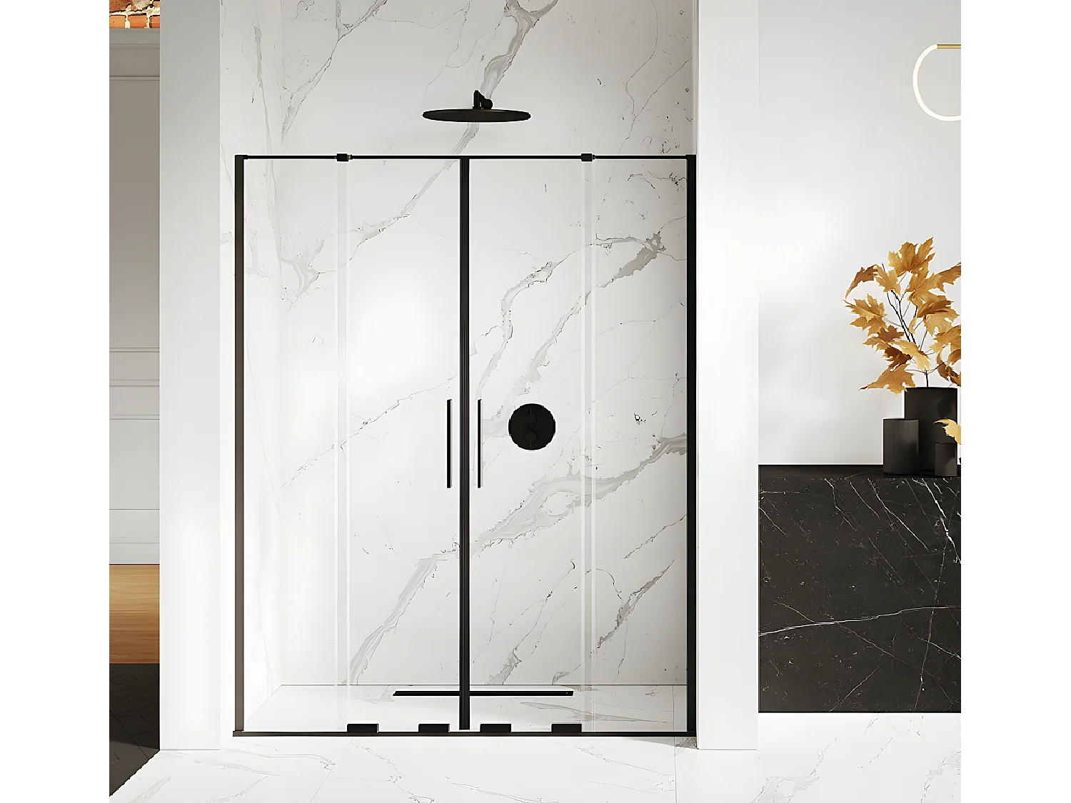 Porte de douche coulissante noire 4 volets  CANARIES BLACK,Largeur: 130 cm, verre 8 mm