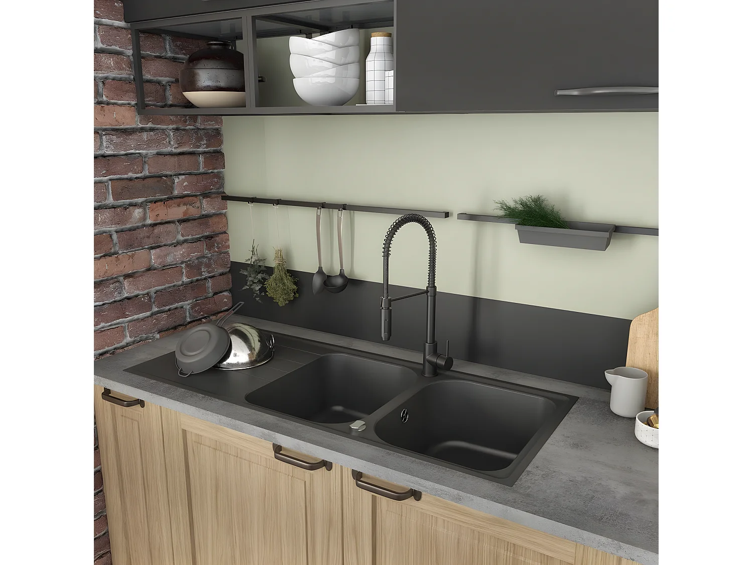 Evier de cuisine en granit gris - MEGALO - 50 x 116 cm, 2 bacs avec égouttoir