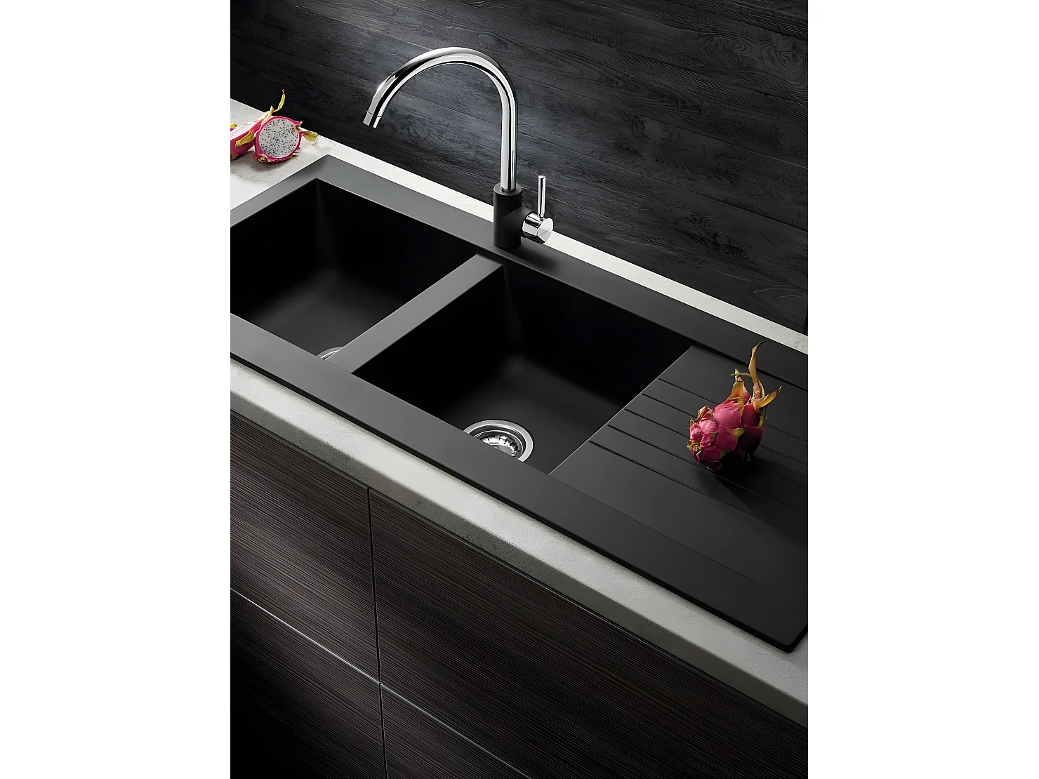 Evier de cuisine en granit noir - MEGALO - 50 x 116 cm, 2 bacs avec égouttoir