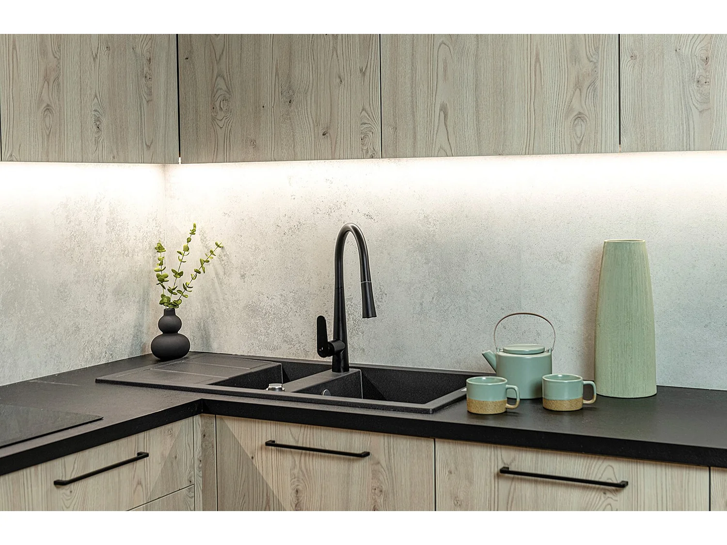 Evier de cuisine en granit noir - BARBADOS - 48 x 100 cm, 1.5 bac avec égouttoire