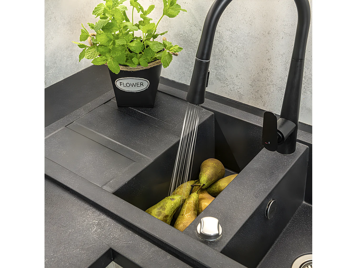 Evier de cuisine en granit noir - BARBADOS - 48 x 100 cm, 1.5 bac avec égouttoire