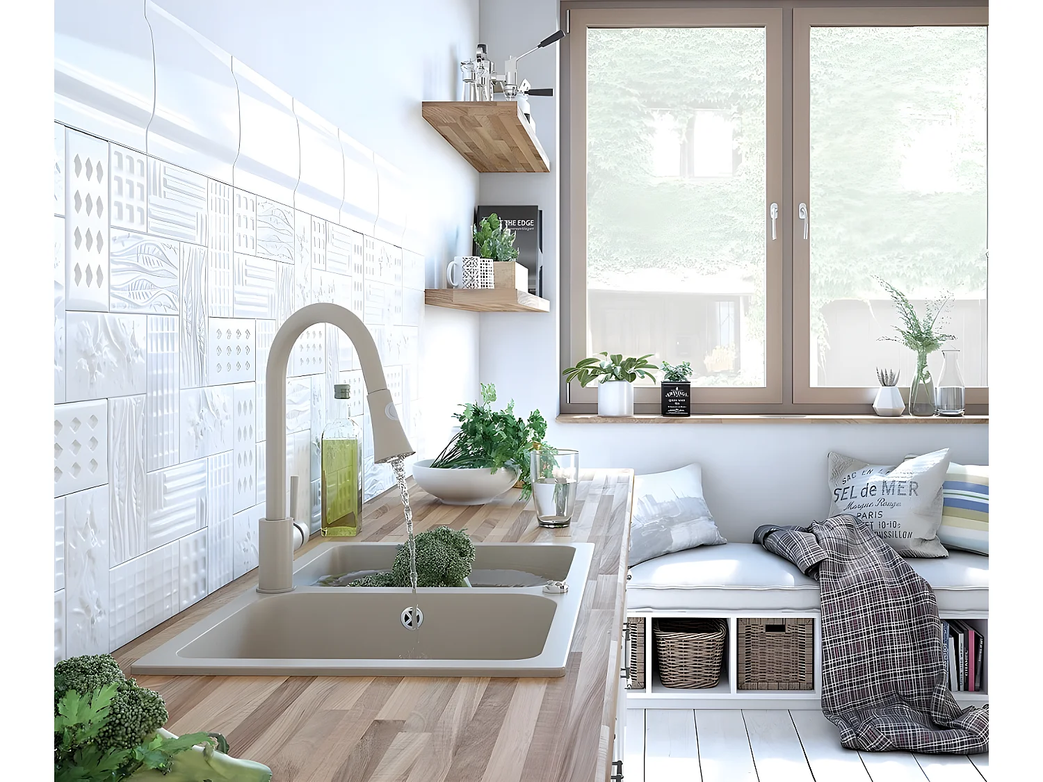 Evier de cuisine en granit beige - CELIA - 48 x 76 cm, 2 bacs