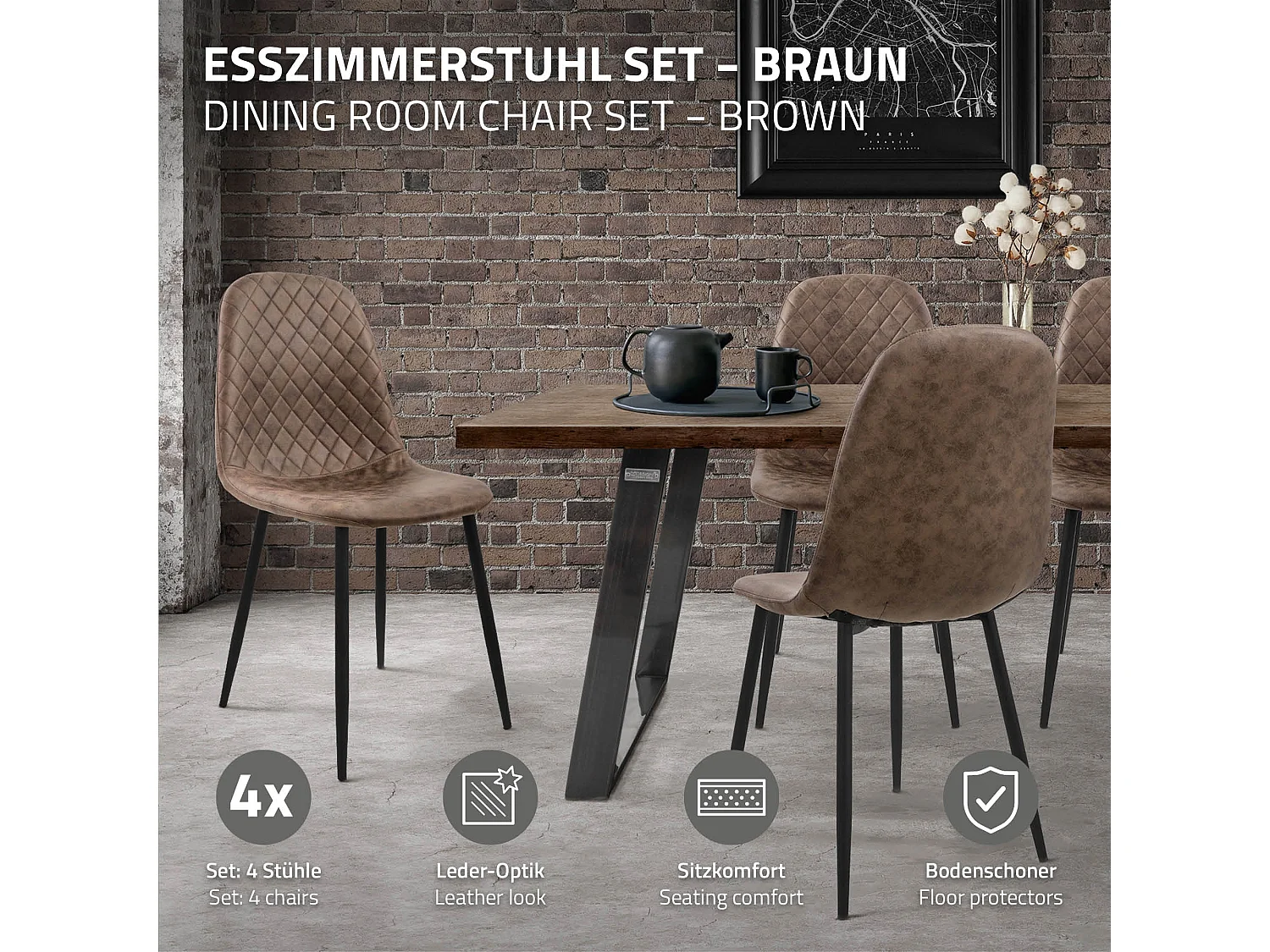 ML-Design Silla de comedor marrón tapizado piel sintética con respaldo y patas de metal sillón de diseño moderno para mesa de salón