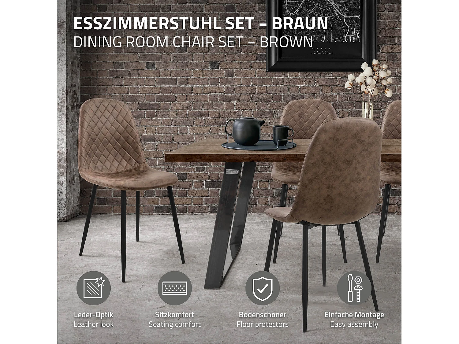 ML-Design Silla de comedor marrón tapizado piel sintética con respaldo y patas de metal sillón de diseño moderno para mesa de salón