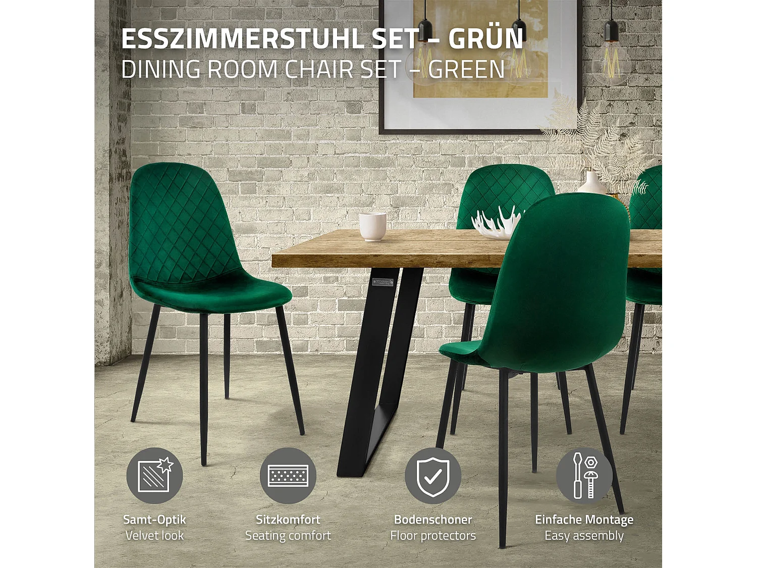 ML-Design 4x Sillas de comedor verde oscuro tapizado piel sintética con respaldo y patas de metal sillón de diseño moderno para mesa de salón