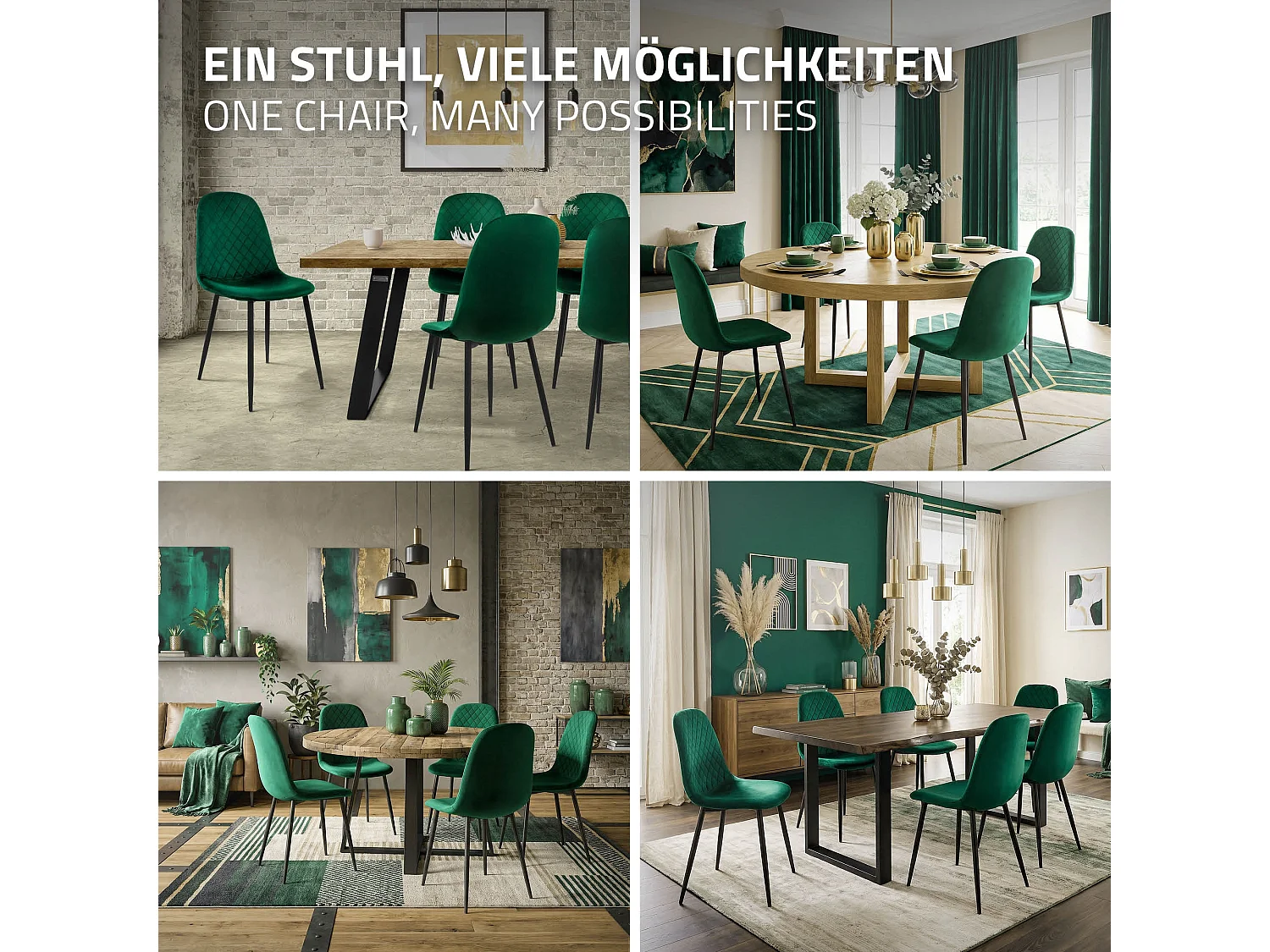 ML-Design 4x Sillas de comedor verde oscuro tapizado piel sintética con respaldo y patas de metal sillón de diseño moderno para mesa de salón