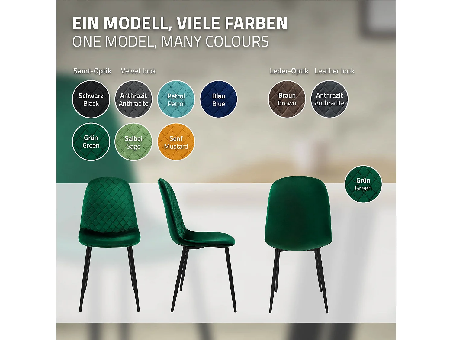 ML-Design 4x Sillas de comedor verde oscuro tapizado piel sintética con respaldo y patas de metal sillón de diseño moderno para mesa de salón
