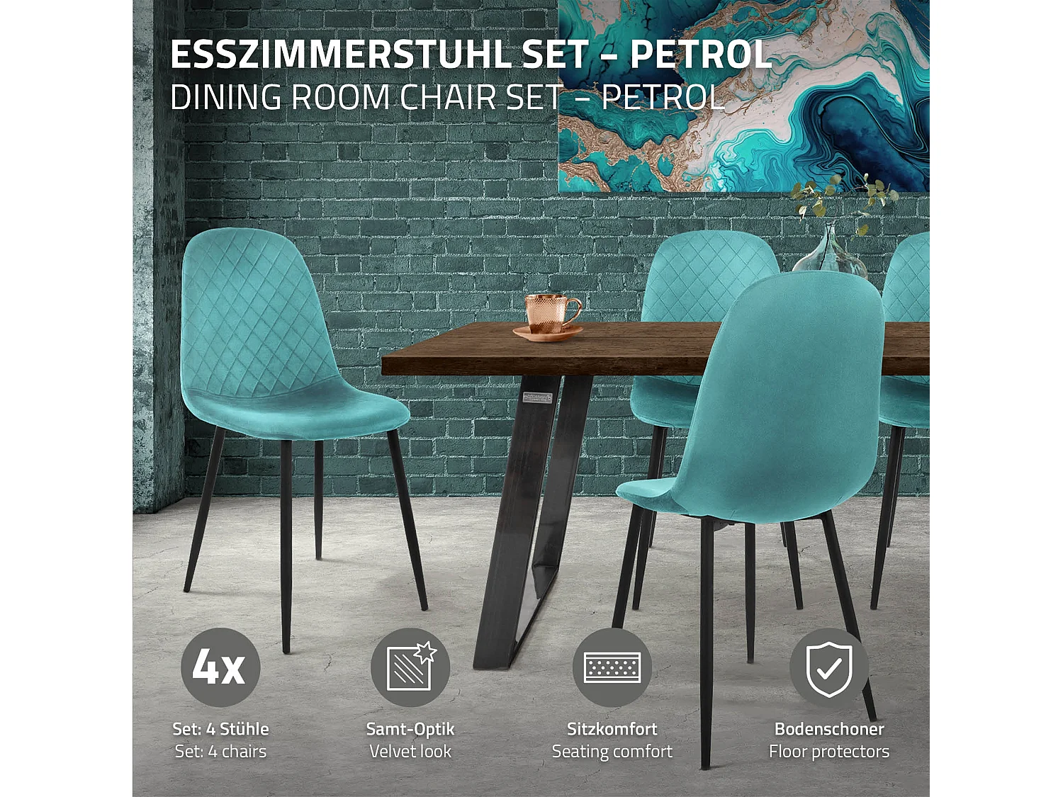 ML-Design 6x Sillas de comedor turquesa tapizado piel sintética con respaldo y patas de metal sillón de diseño moderno para mesa de salón