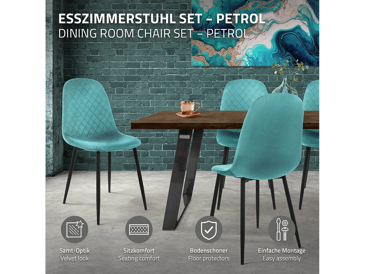 ML-Design 6x Sillas de comedor turquesa tapizado piel sintética con respaldo y patas de metal sillón de diseño moderno para mesa de salón