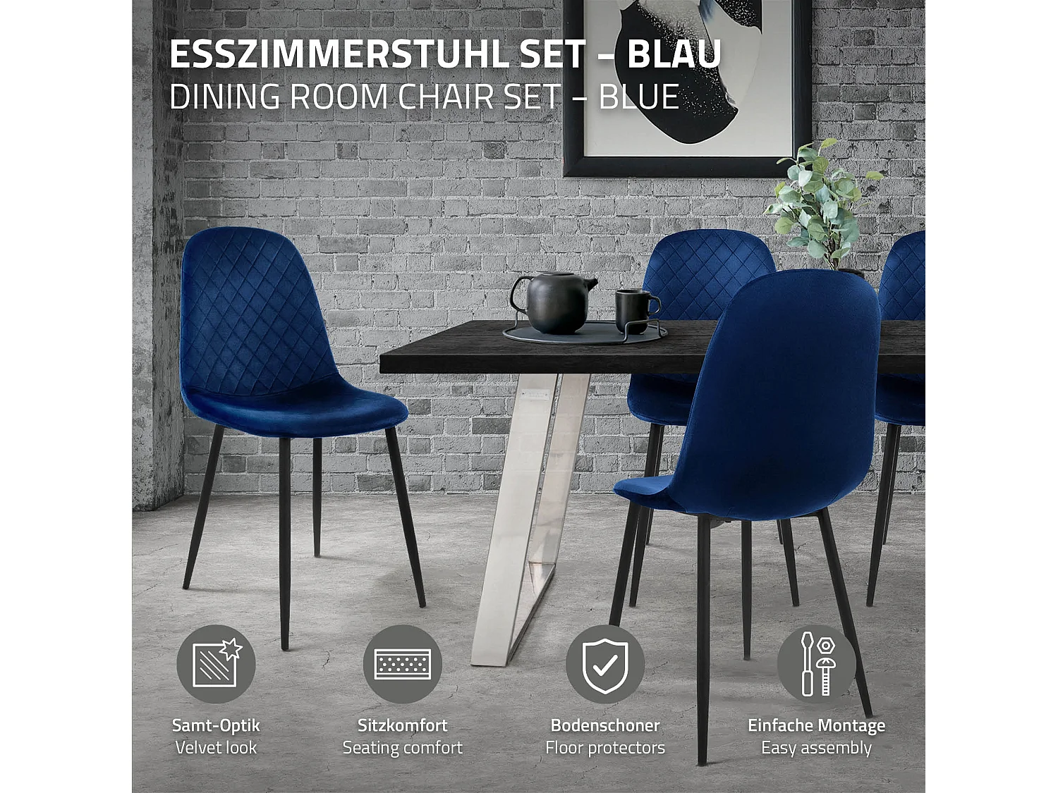 Lot de 4 chaises de salle à manger bleu foncé dossier incurvé ergonomique assise rembourrée velours piètement métallique noir design moderne raffiné